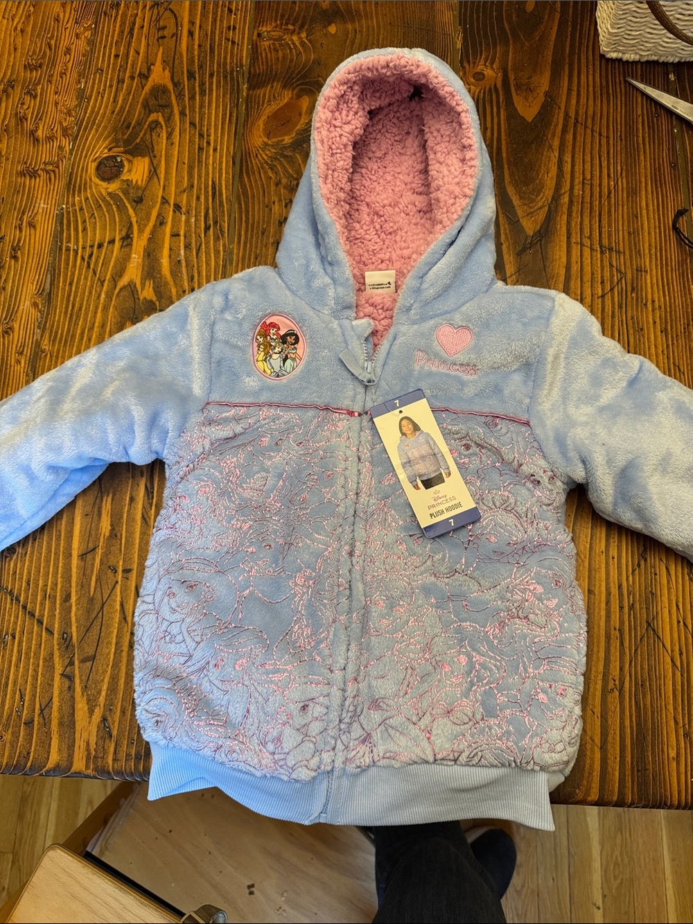 Disney Princess Light Blue Hooded Plush Jacket with Pink Sherpa Lining